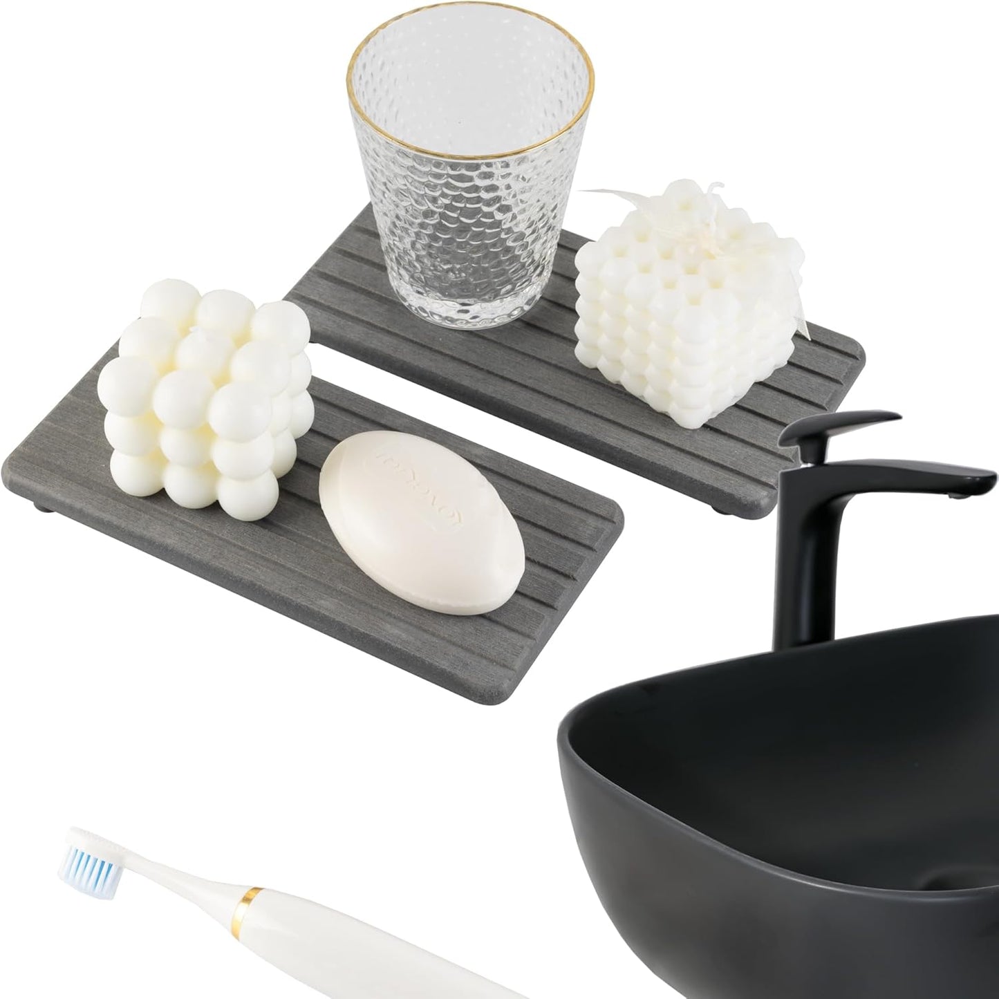 2 PCS Water Absorbent Diatomite Coasters Rectangle, Grooved Design, Water Absorbing Stone Used for Hand Soaps & Plants & toiletries in The Modern Home