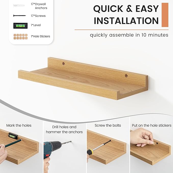 Floating Picture Ledge Shelves Set of 8, 16 Inch Shelves with Lip - Large Nursery Book Shelf for Toys Storage, Kids Bookshelf, Living Room, Bedroom Decor Frames