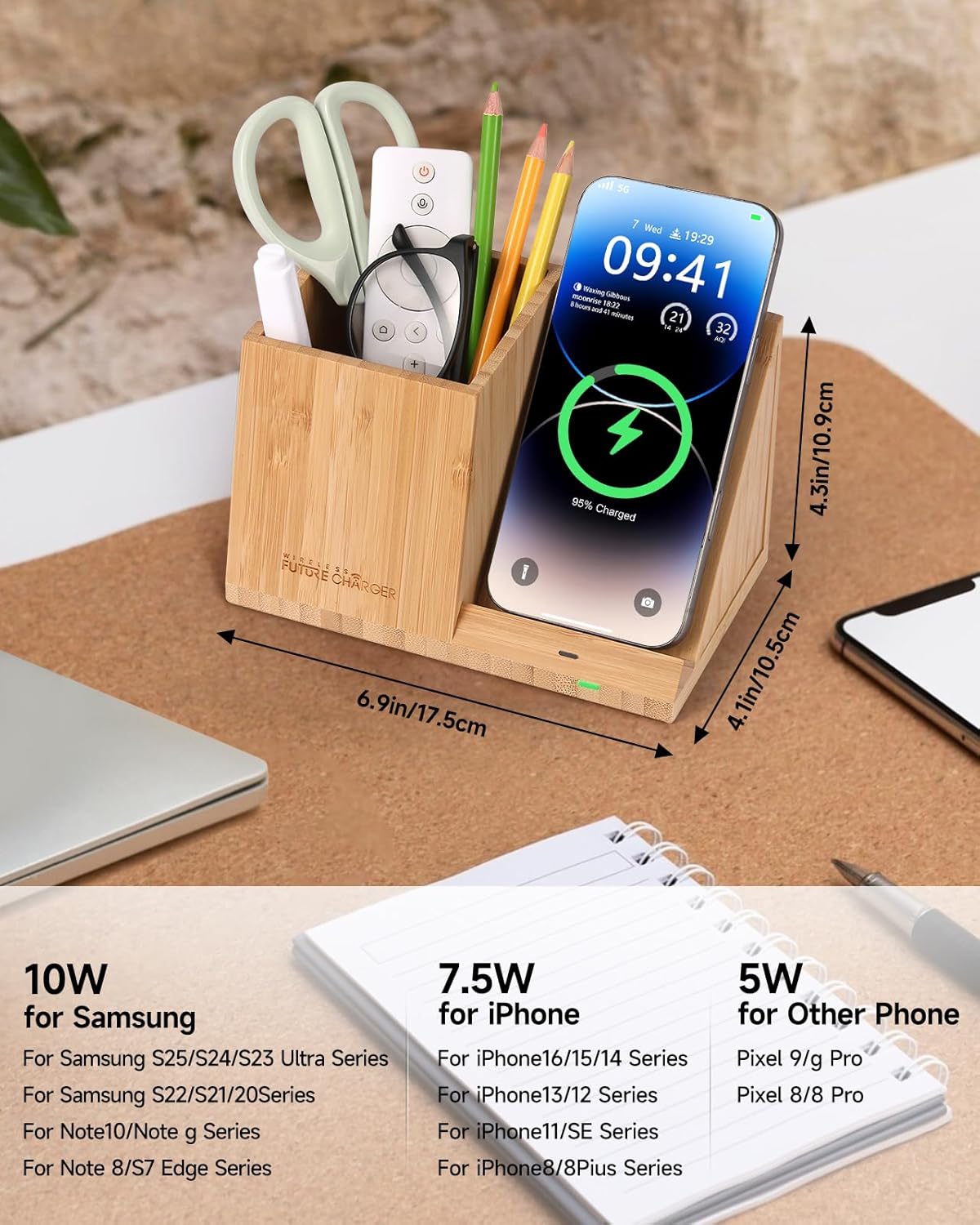 Bamboo Pen Holder for Desk & Nightstand Organizer with Fast Wireless Charging for iPhone, Samsung & More – Office Desk Accessories for Men/Women (Bamboo)