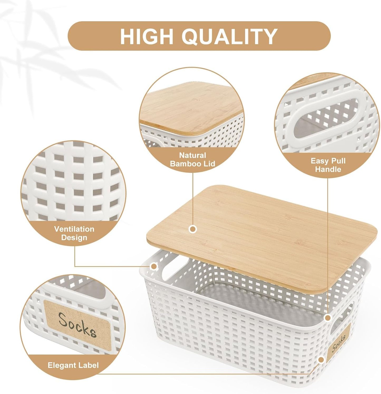 Small Plastic Storage Bins with Bamboo Lid - Plastic Storage Container with Lid - Stackable storage baskets for organizing: Storage box for Drawers Office Closet Shelf Organizing,10x7x4 In-White-6 Pcs