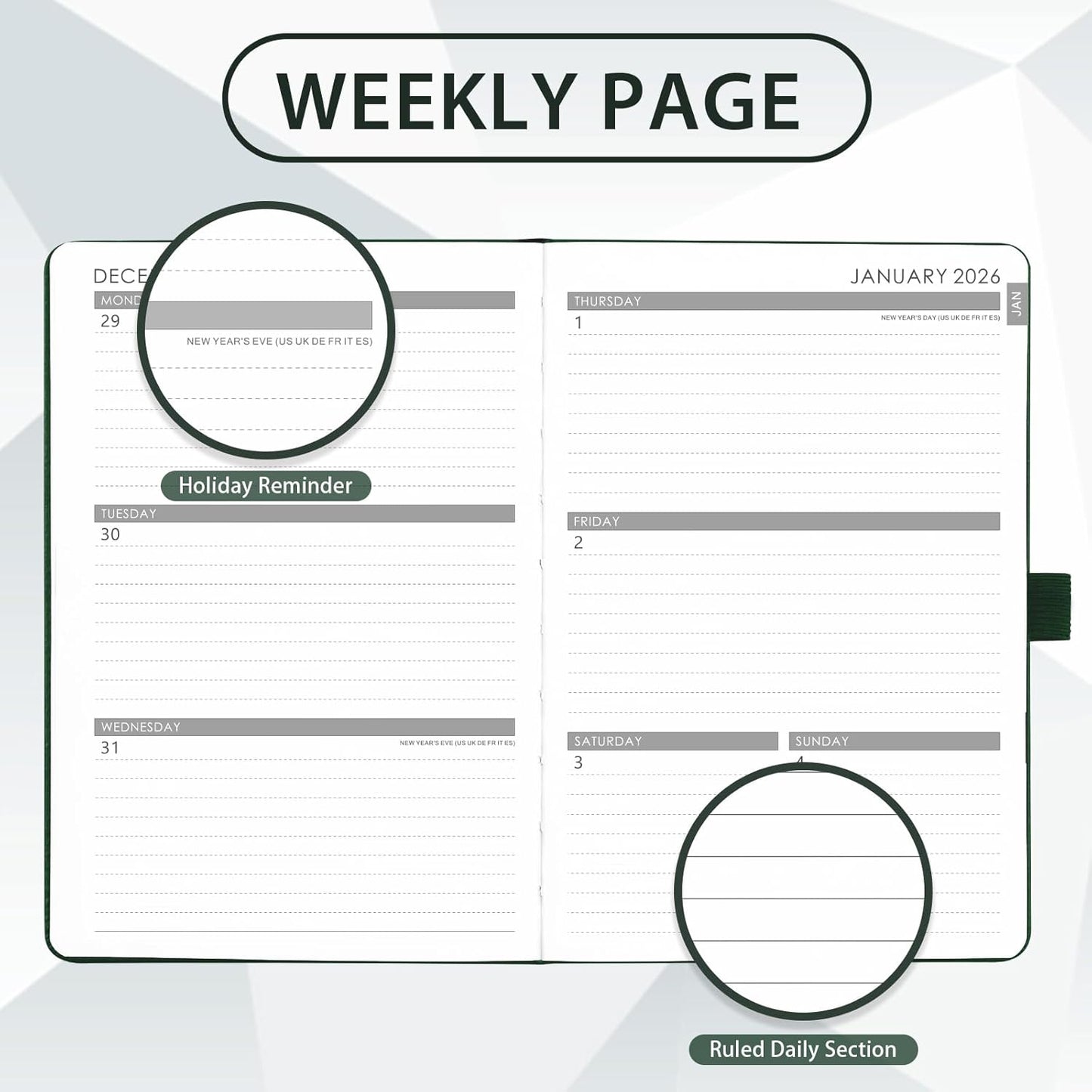 2026 Planner - Planner 2026, 2026 Weekly Monthly Planner, Jan.2026 - Dec.2026, 5.7'' x 8.4'', Thick Paper, Leather Cover, Pen Holder, Back Pocket, Bookmarks, Perfect Daily Organizer - Dark Green