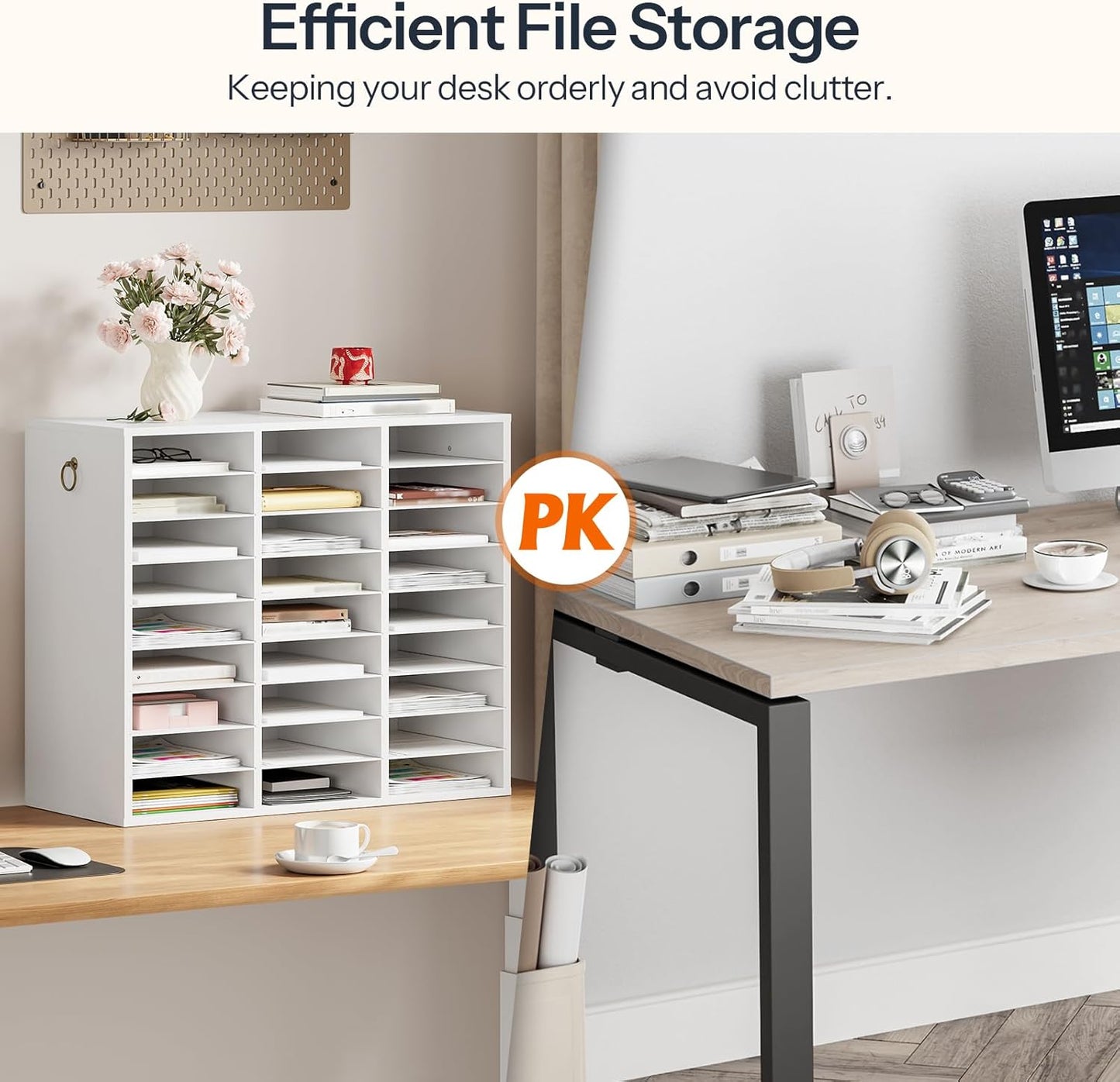 HOOBRO Literature Organizer, 27 Compartments Wooden Mail Organizer, Countertop Literature Sorter with Adjustable Shelves for Home, Office, School, Student Mailbox for Classroom, White WT27WF01