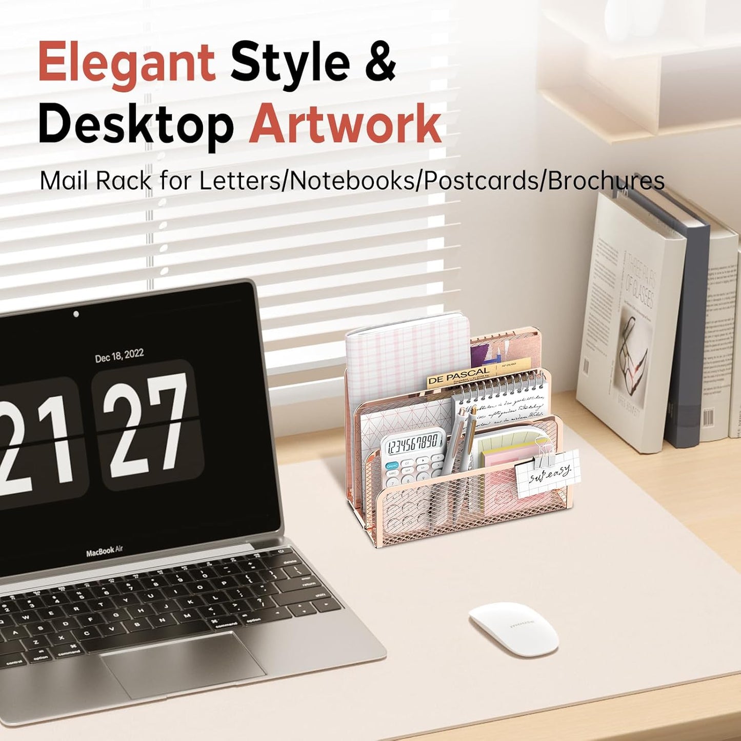 SUPEASY Mail Organizer for Desk, Mesh Metal Mail Holder Countertop with 3-Slot, Letter Sorter File Holder, Office Envelope Organizer for Mails (Rose Gold)