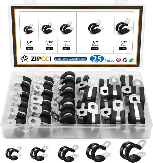 Cable Clamps Assortment Kit, 25 Pack Stainless Steel Rubber Cushion Pipe Clips (1/4'' 5/16'' 3/8'' 1/2'' 5/8'' 3/4'' inch)