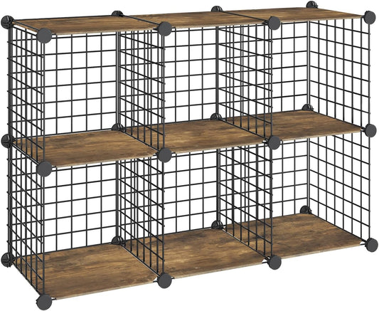 HOOBRO Cube Storage Organizer, 6-Cube Metal Grid Storage Shelf, Modular Cabinet, DIY Cube Storage Organizer, for Living Room, Bedroom, Study, Rustic Brown and Black BF06CW01