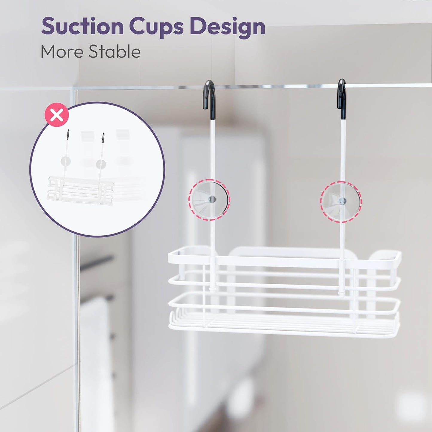 SWTYMIKI Shower Caddy Hanging Organizer - Over the Door Shower Caddy with 6 Hooks, 2 Installation Ways, Stainless Steel Rustproof Bathroom Organizer, White