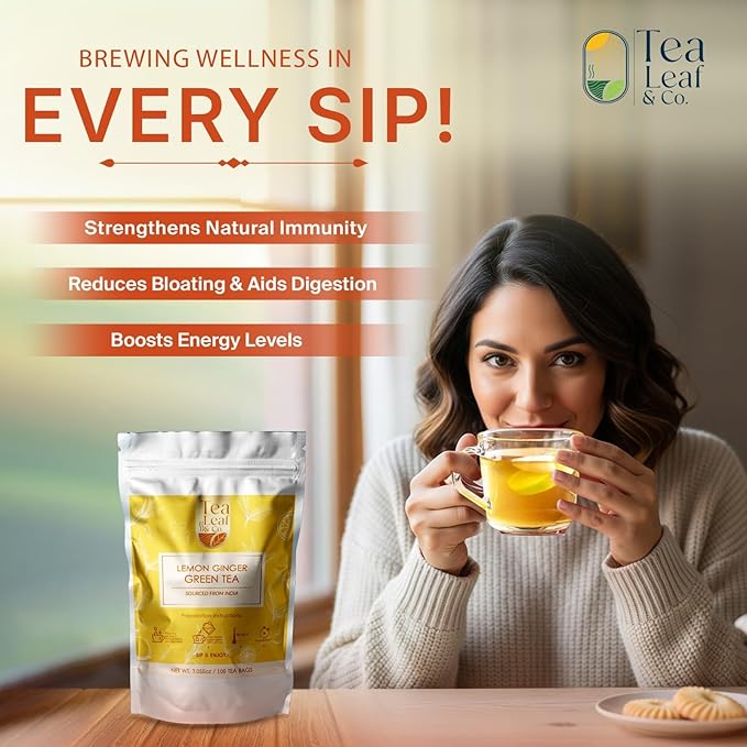 Tealeaf & Co. Lemon Ginger Green Tea with Ginger, Lemon Flavor, Orange Peel, Mint & Black Pepper - Organic Green Tea Bags with Fresh Herbs and Spices - Vegan - 100 Teabags (7.055oz/200gm)