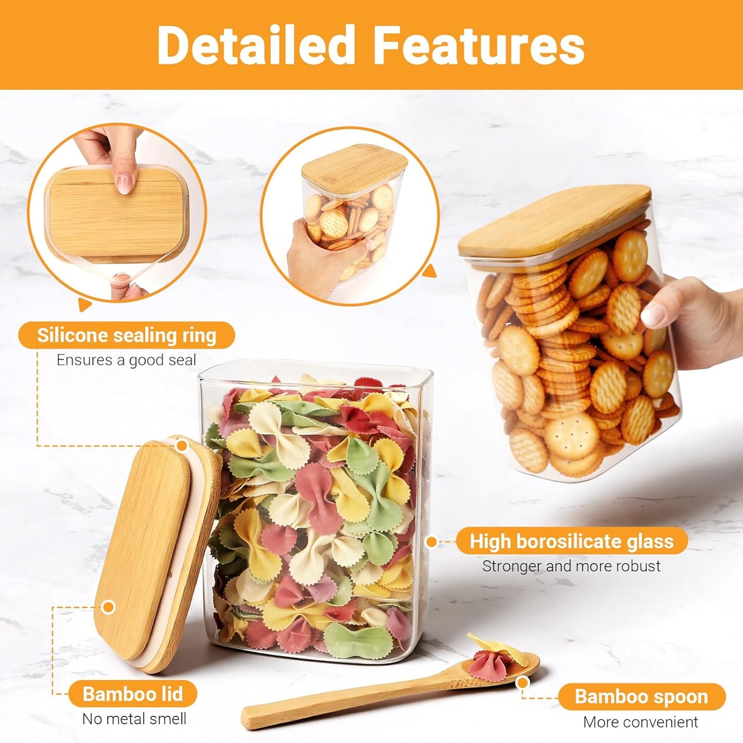 Rectangle Glass Jar with Lid, 4 Pack 37oz Large Glass Jars with Bamboo Lids, Stackable Pantry Storage Containers for Kitchen Counter, Cereal Container for Flour, Tea, Sugar, Coffee, Snacks