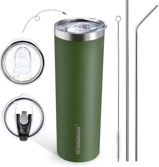 HYDROWION Triple-Insulated Tumblers - Stainless Steel with Lid and Straw, 20 oz Water Bottle, Stainless Steel Cups, Coffee Travel Mug for Home & Office Olive Green