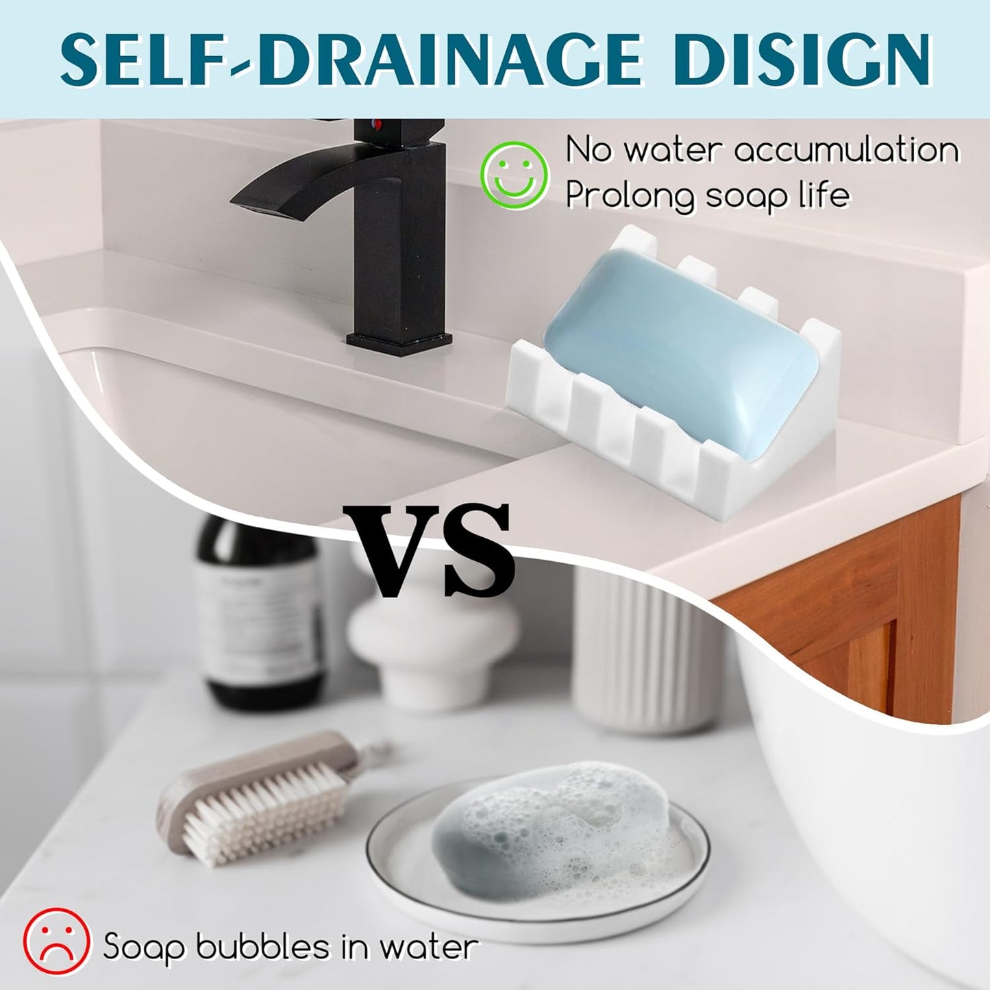 Silicone Soap Dish with Drain, Upgrade Double Suction Cups at The Bottom for Anti-Slip and Stability, Soap Dish Shower Waterfall Bar Soap Holder Tray with Drain Soap Holder (2, White)