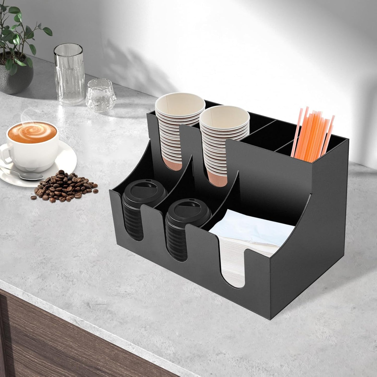 Coffee Bar Organizer for Countertop, Acrylic Coffee Station Organizer Condiment Organizer Coffee Cup Syrup Pod Holder, Coffee Bar Organizer for Home Office Cafe, 7 Compartment, Black