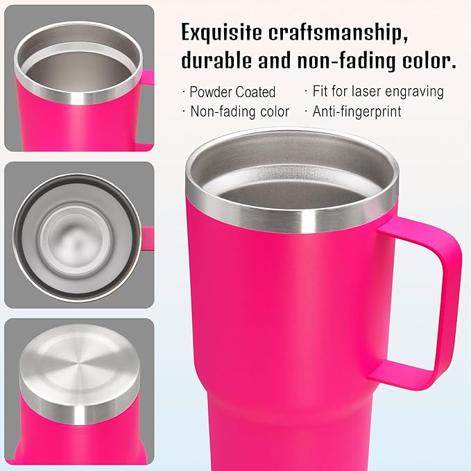 20 oz Tumbler with Handle and Lid, Stainless Steel Tumbler Insulated Travel Coffee Mug, Spill Proof Double Wall Vacuum Tumbler Cup Keep Drink Hot & Cold, Hot Pink, 12 Pack