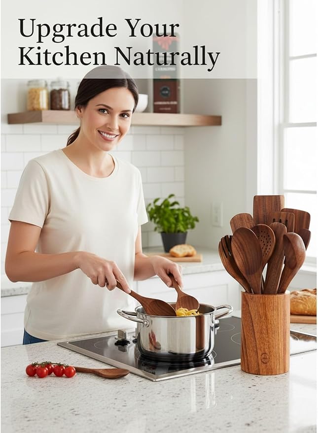 100% Natural Teak Wood Wooden Utensil Set – 12 Pcs Cooking Tools with Large Spoon Holder & Rest – Non-Stick, Heat Resistant, Durable, Food-Safe & Eco-Friendly Kitchen Gadgets
