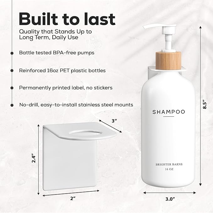 White Shampoo and Conditioner Dispenser Set Wall Mounted by Brighter Barns - Shower Dispenser 3 Chamber No Drill - Refillable Shampoo and Conditioner Bottles for Shower Wall in Airbnb, Hotel (White)