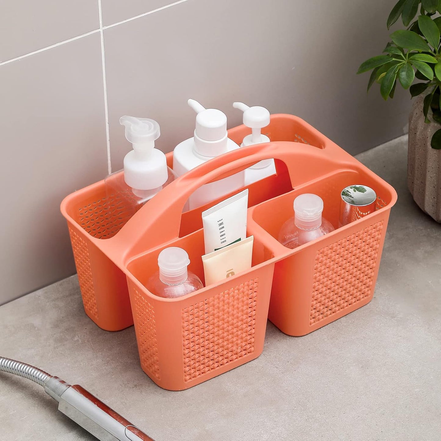 UUJOLY Plastic Portable Shower Caddy Bucket, Cleaning Shower Basket with Handle Compartments Storage Organizer for Bathroom Kitchen College Dorm Sink, Orange
