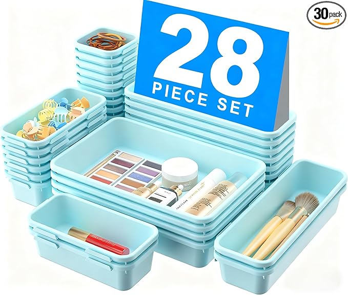 A-LuGei 【𝟮𝟴𝗣𝗖𝗦】 【𝟱𝗦𝗶𝘇𝗲】 BlueGreen Drawer Organizer, Makeup organizer, 【Holds 177 Items】 Bathroom Organizers and Storage, Plastic Desk Organizer Divider, Organizer Bins for Office Vanity