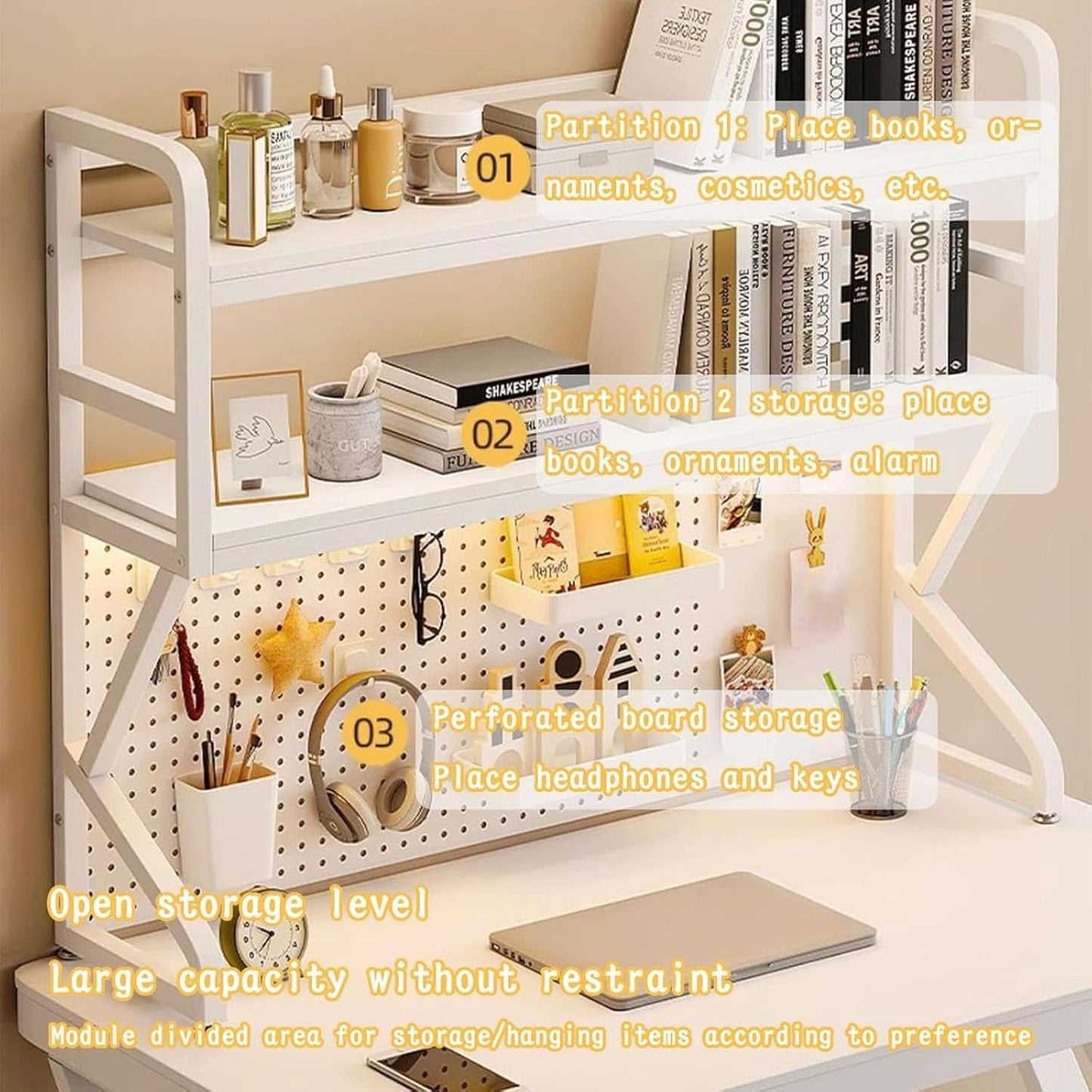Modern Pegboard Storage Display Rack, Metal Desktop Organizer Rack,for Home Office Dorm Furniture Wood Hutch Bookcase