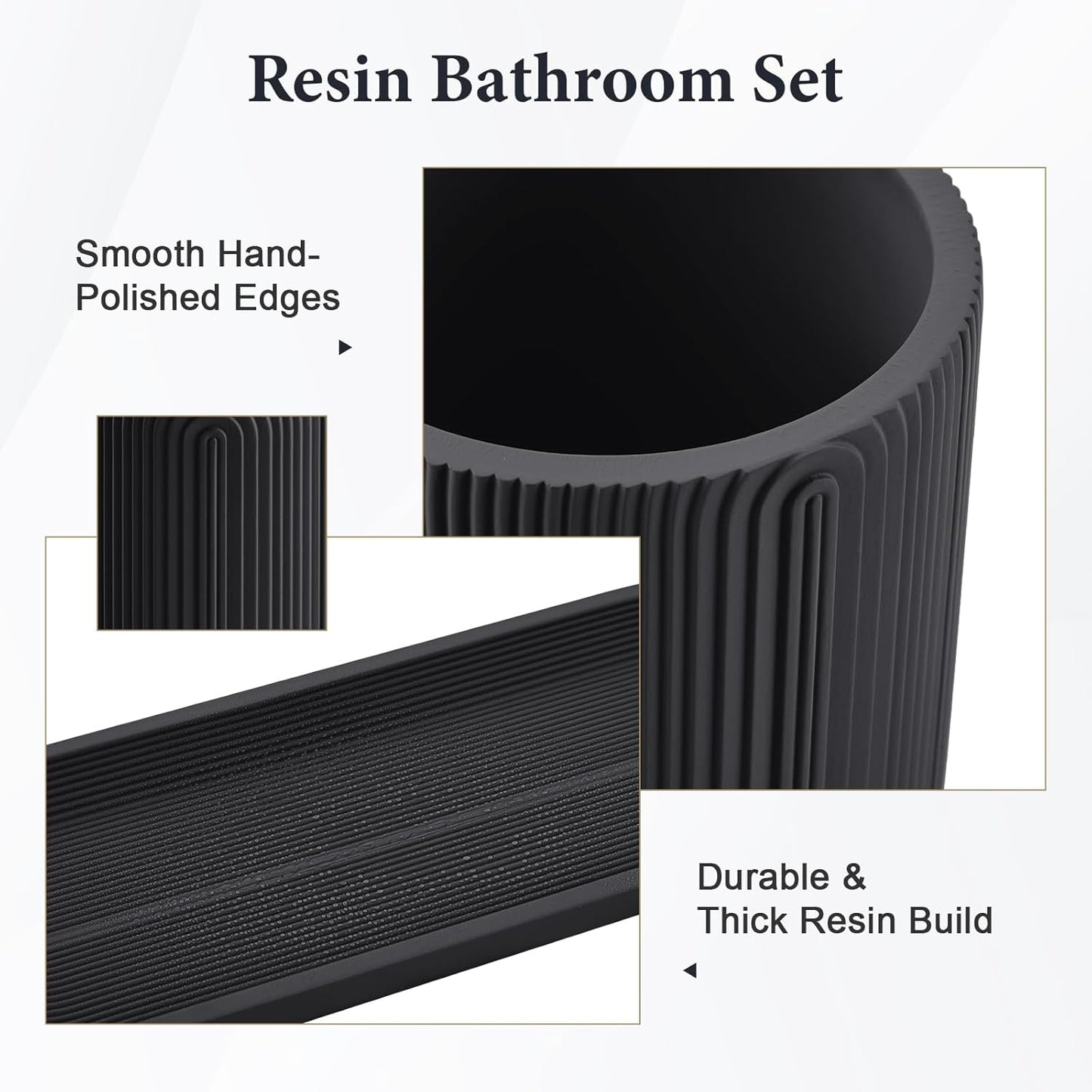 Bathroom Accessories Set - 7-Piece Resin Bathroom Set, Toothbrush Holders Set, Soap Dispenser, Qtip Holder Dispenser, Tumbler, Soap Dish & Tray, Modern Bath Decor for Home Dorm Hotel (Black)