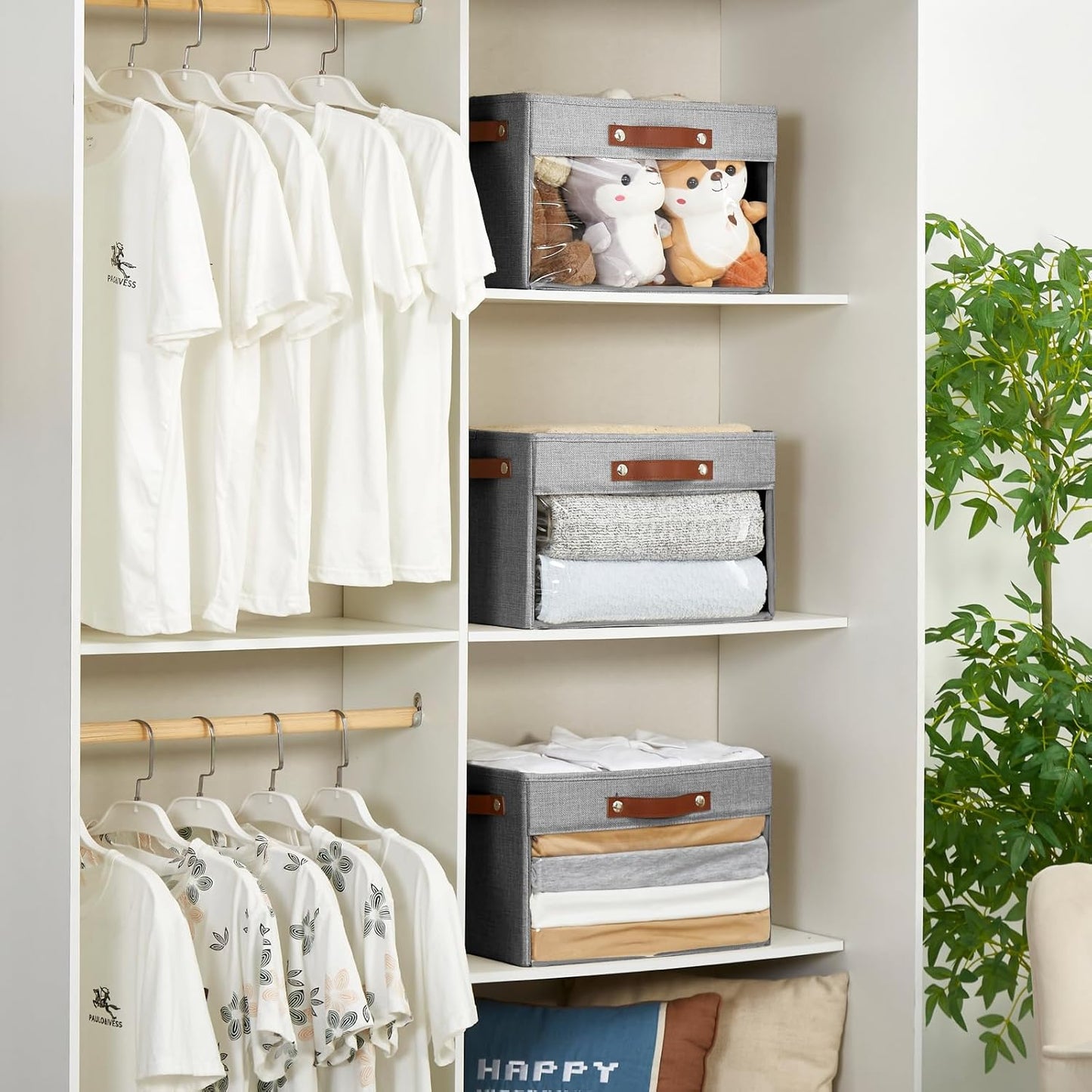 Large Storage Baskets with Clear Window, See Through Closet Organizer with PU Handles, Linen Foldable Storage Bins for Organizing Clothes, Toys, Books (Gray)