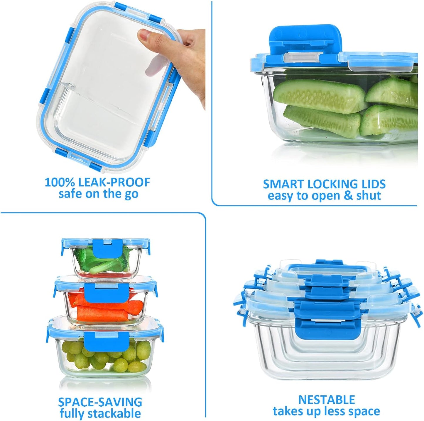 KOMUEE 24 Pieces Glass Food Storage Containers Set,Glass Meal Prep Containers-Stackable Airtight Glass Storage Containers with lids,Freezer, Microwave, Oven Safe,Blue