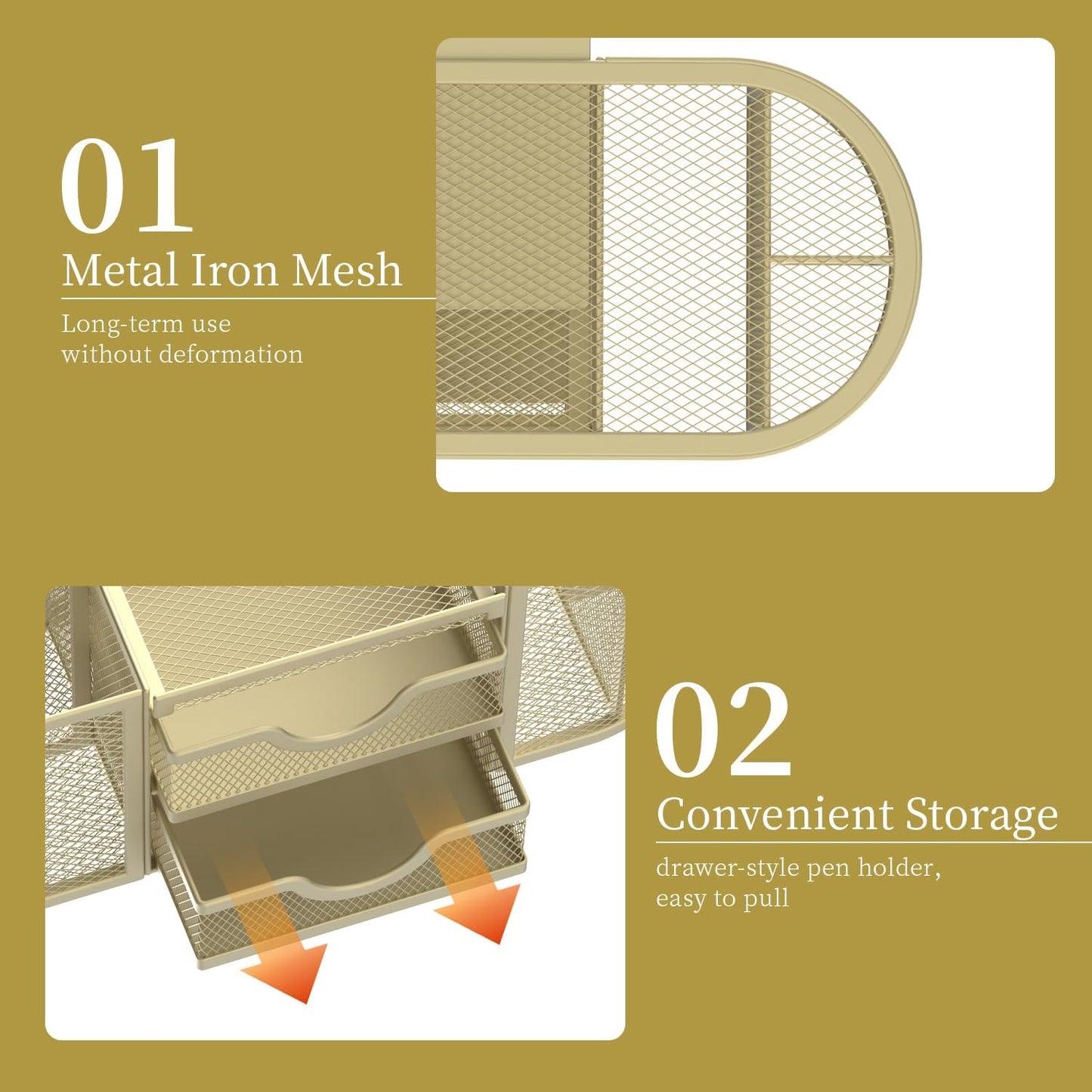 SUPEASY Mesh Desk Organizer, Desk Organizers and Accessories, Pen Holder with Drawers, Pencil Holder for Desk with 2 Drawer for Office Supplies, Golden yellow