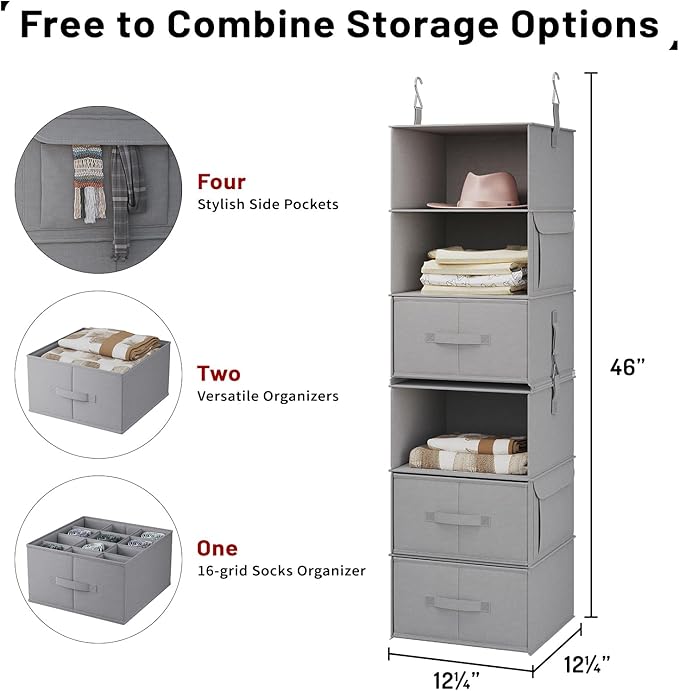Vailando 6-Tier Hanging Shelves for Closet, Two 3-Shelf Hanging Closet Organizer w/ 4 Side Pockets and 3 Drawers, Combinable for Dorm Wardrobe Organizer and RV Storage and Organization