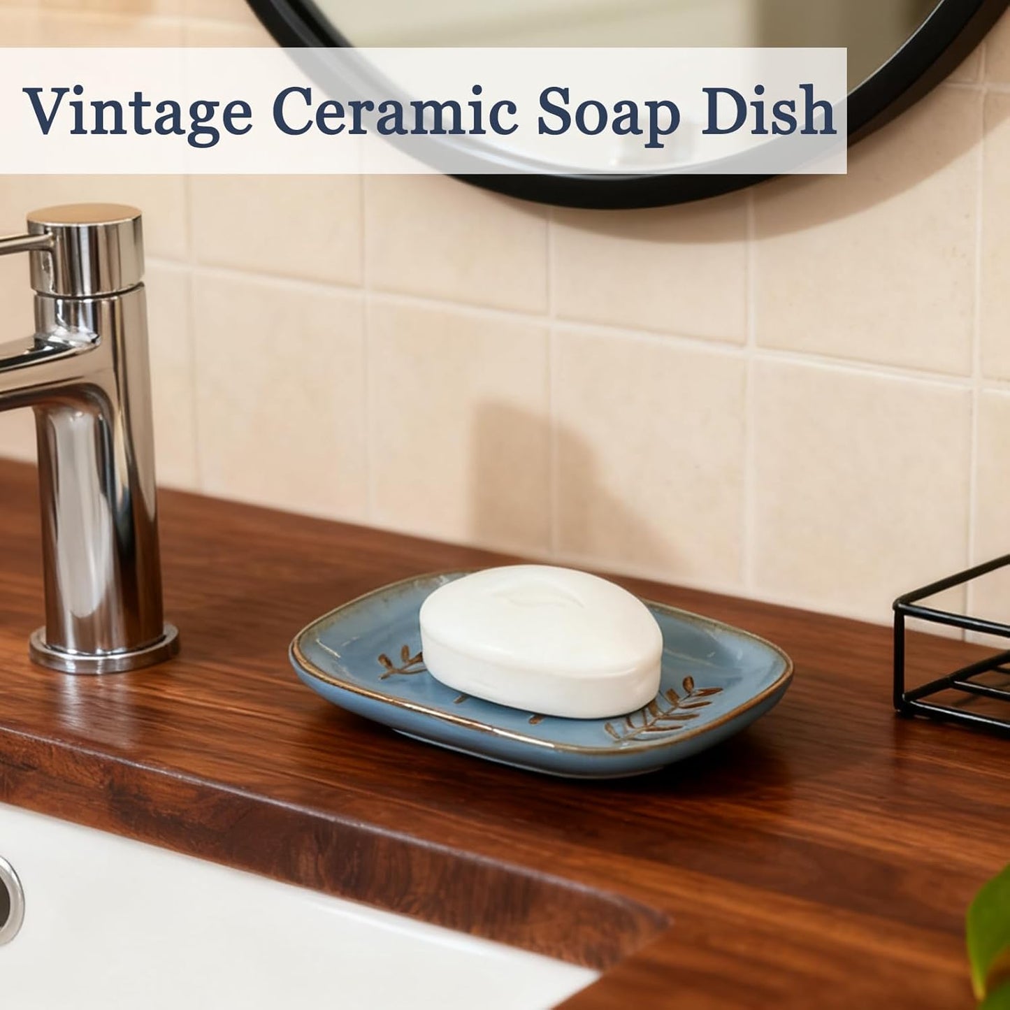 Aesthetic Ceramic Soap Dish for Shower, Soap Holder with Raised Relief, Shower Soap Dish for Shampoo Bar Or Sponge, Soap Saver for Bathroom, Kitchen, Sink, Decorative Soap Tray (Blue)