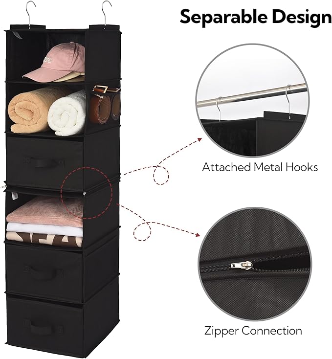 GRANNY SAYS 6-Shelf Hanging Closet Organizers and Storage, Separable to 2 Pack 3-Shelf Closet Hanging Organizer with 3 Drawers, 4 Side Pockets Hanging Shelves for Closet, Nursery, Black