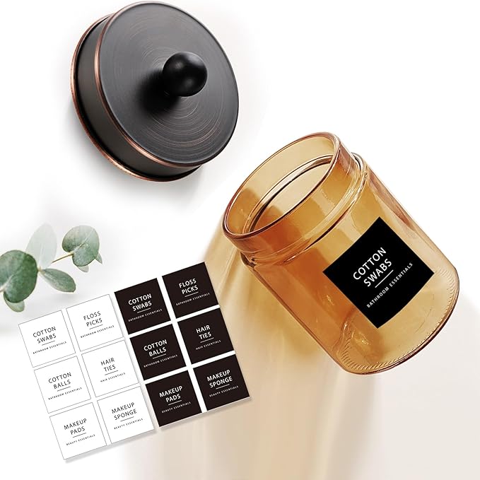 Amolliar Amber Bronze Glass Apothecary Jar With Metal Lid & Labels, Bathroom Qtip Holder Dispenser Storage Canister, Perfect for Cotton Balls, Cotton Swabs, Makeup Pads, Bath Salt, Floss, 2 Pack (ORB)