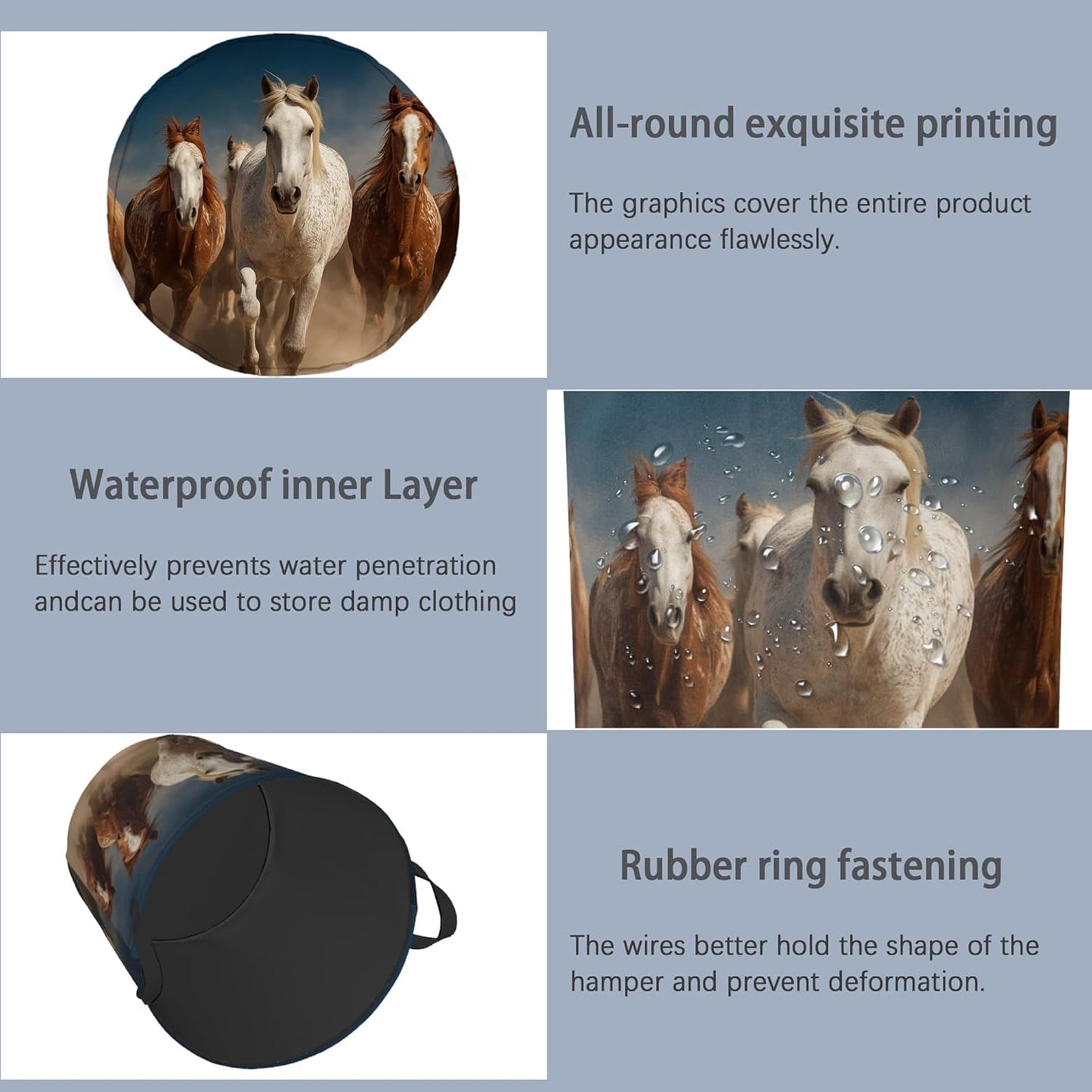 Running Horse Laundry Hamper,Dirty Clothes Laundry Basket with Handles Waterproof Oxford Cloth Storage Basket for College Dorms Bathroom Bedroom 16" x 20.8"