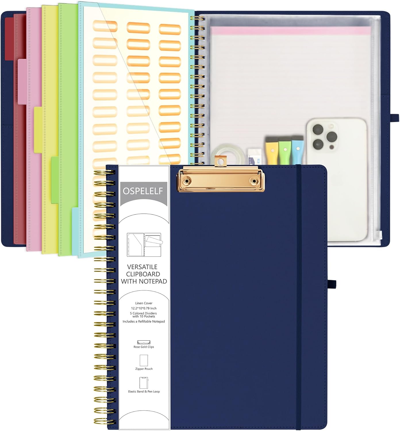 Ospelelf Bule Foldable Spiral Clipboard Folio with Storage Zipper Pouch, 5 Plastic Folders with 10 Pockets, Refillable Lined Notepad (11" x 8.5"), Linen Hardcover Project Organizer