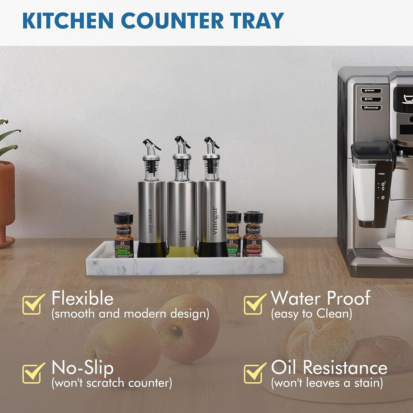 Bloss Small Bathroom Vanity Tray with Soap Dish, 8 x 4 inch Silicone Marble Tray for Kitchen Counter,Toilet Tank Storage,Perfume Trays for Dresser, Jewelry, Candle, Key