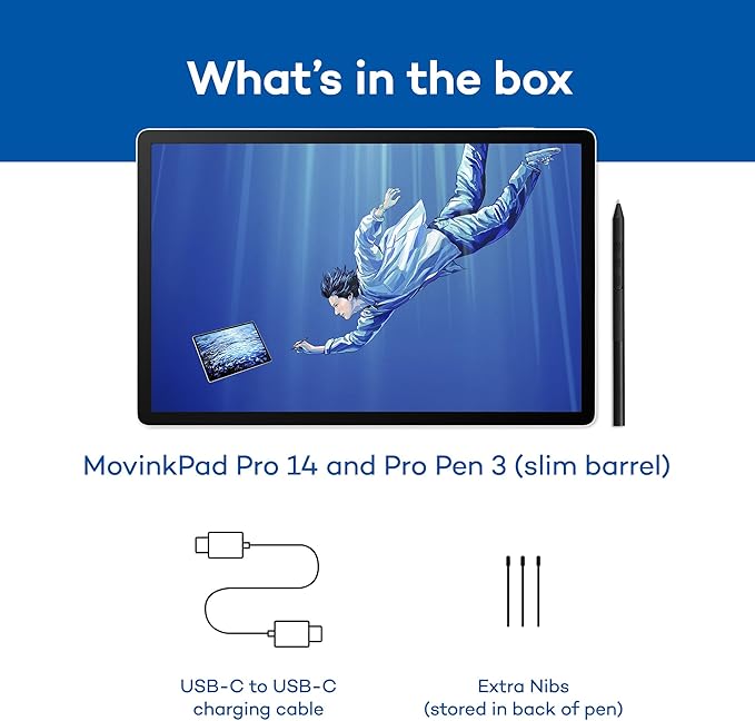 Wacom MovinkPad Pro 14, Android Mobile Drawing Tablet, 14" OLED No Computer Needed, Battery-Free Slim Pro Pen 3, 12GB RAM/256GB Storage, Anti-Glare Matte Screen, All-In-One Portable Digital Art Tablet