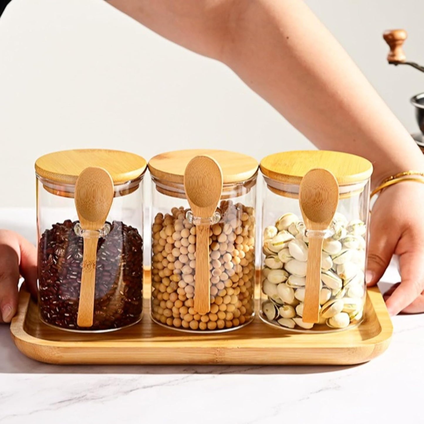 17oz Glass Storage Jars with Bamboo Lids & Spoons - Airtight Containers for Loose Leaf Tea, Overnight Oats, Coffee, and Dry Goods - Set of 6 Kitchen Canisters (6pcs)