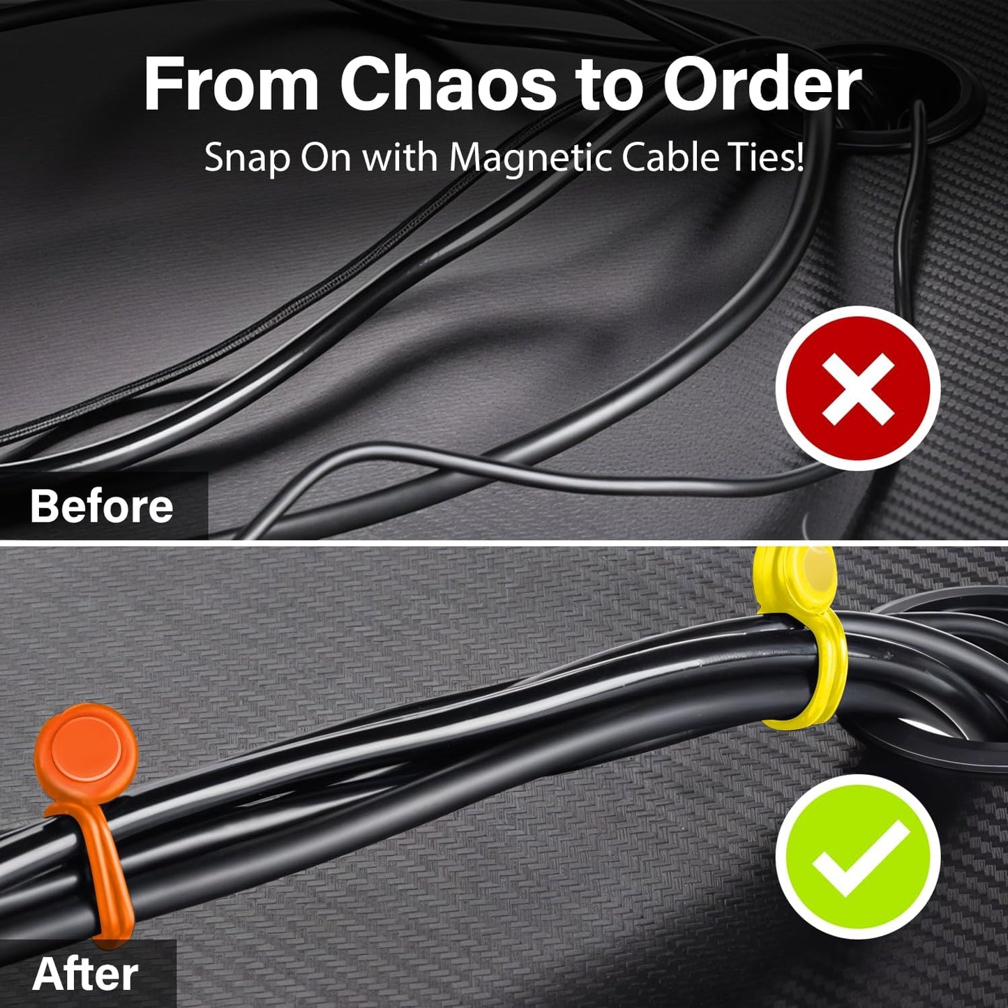 30-Pack Magnetic Cable Ties – Snap-On Silicone Magnetic Cord Ties with Strong Magnets – Reusable Magnetic Ties for Cords, Wire Organizer, Charging Cord Organizer – Assorted Colors