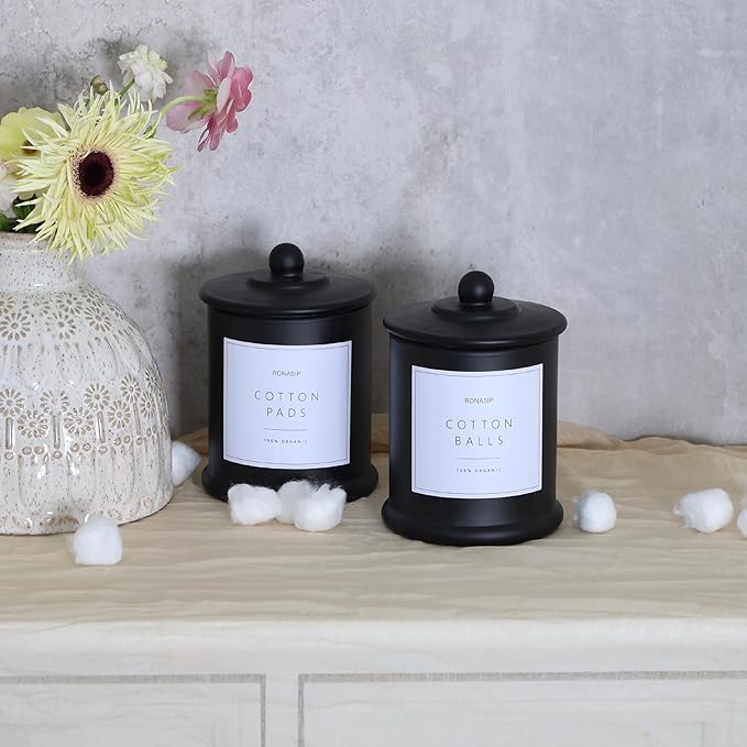 Qtip Holder & Cotton Pad Dispenser, Bathroom Organizer and Storage Canisters, 16oz Glass Apothecary Jars for Kitchen, Restroom - Home Decor Accessories, Room Decor Aesthetic (2 Pack, Black)