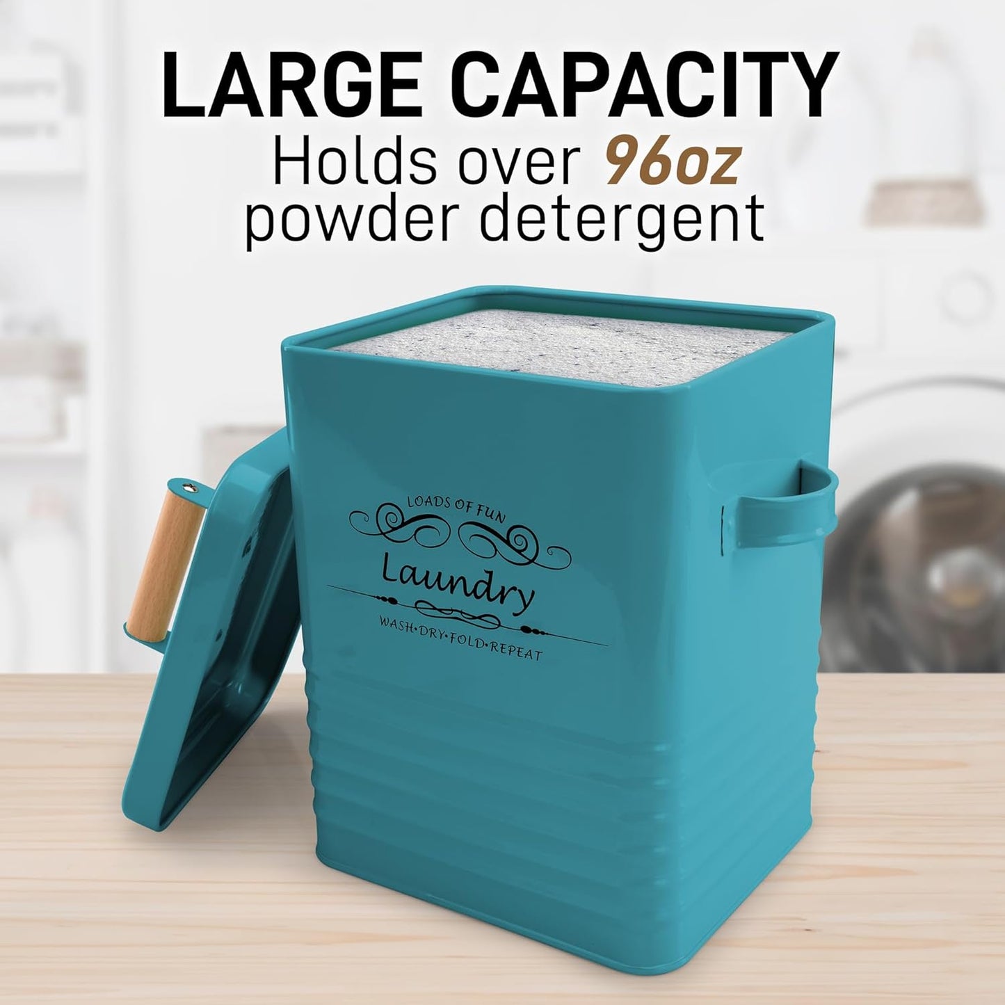 ELITAPRO Detergent Storage Container with Scoop & Lid- Modern Farmhouse Metal Powder Dispenser for Laundry Room Decor and Accessories (Teal)