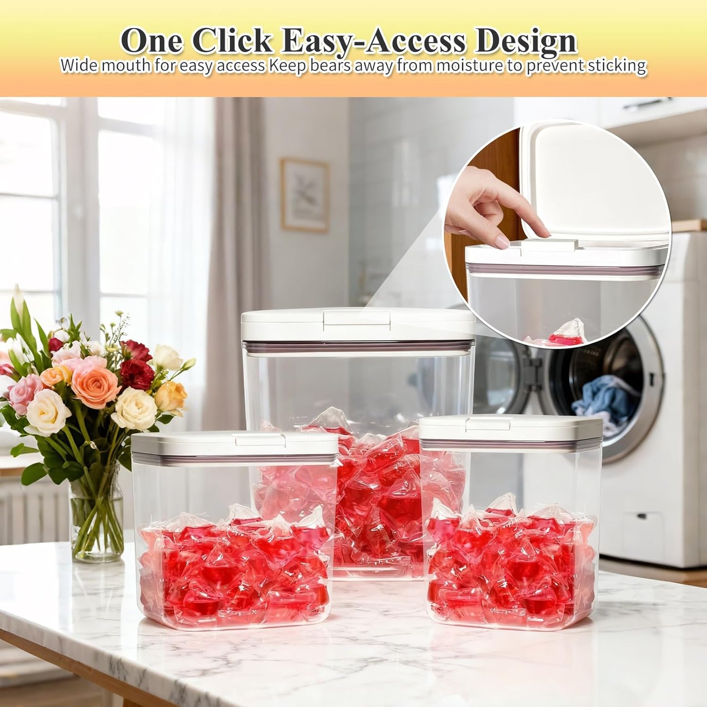 Gute Sealed Auto Pop-Up Laundry Pod Holder with Lid, 3-Piece Laundry & Dishwasher Pod Container Set for Laundry Room Organization (67oz, 94oz, 186oz Capacity)