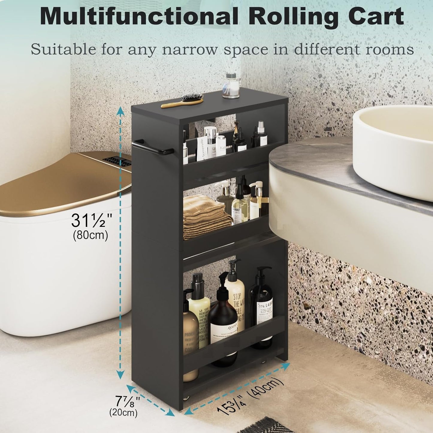 MARTY Rolling Storage Cart 7.9" W, 4-Tier Kitchen Cart with Wheels Handle, Slim Storage Cart Mobile Shelving Utility Carts for Bathroom Laundry Room Organization Narrow Places (All Black)