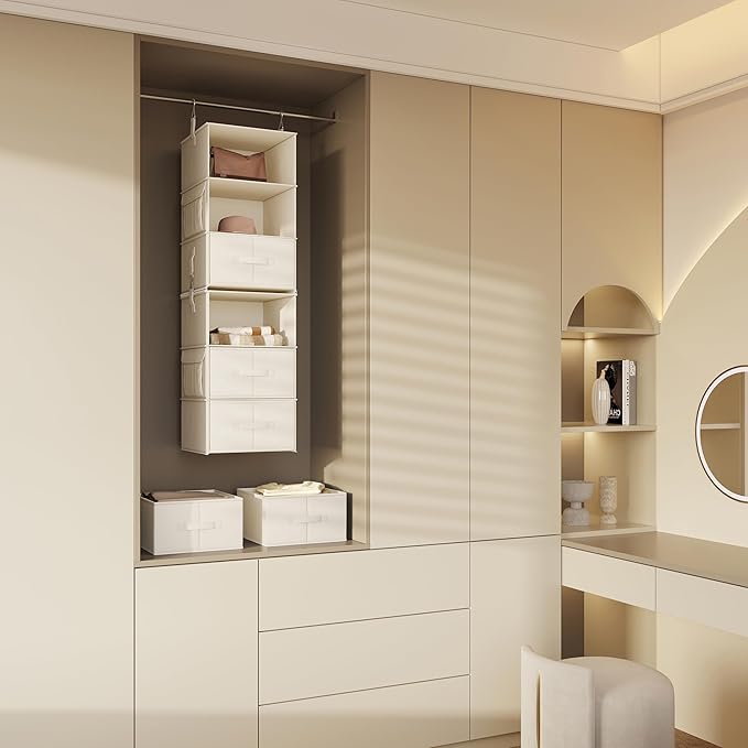 Vailando 6-Shelf Hanging Closet Organizer, 2 Separable 3-Shelf Hanging Shelves with 3 Drawers for Wardrobe, Nursery, Baby Clothes Organization and Storage, Beige