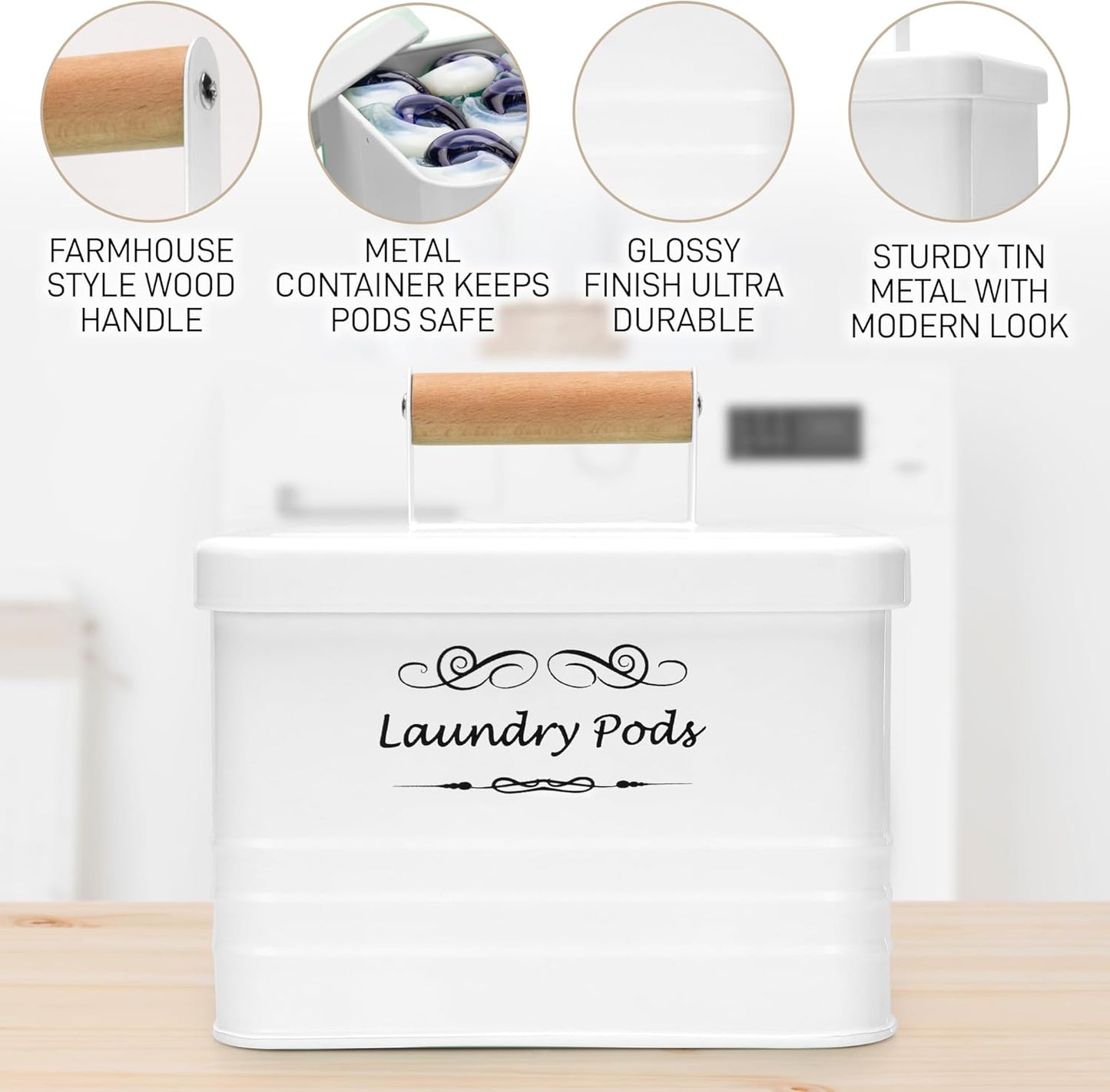ELITAPRO Laundry Pods container Modern Farmhouse Laundry Pods Holder Metal Box Dispenser with Lid Laundry Room Decor and Accessories