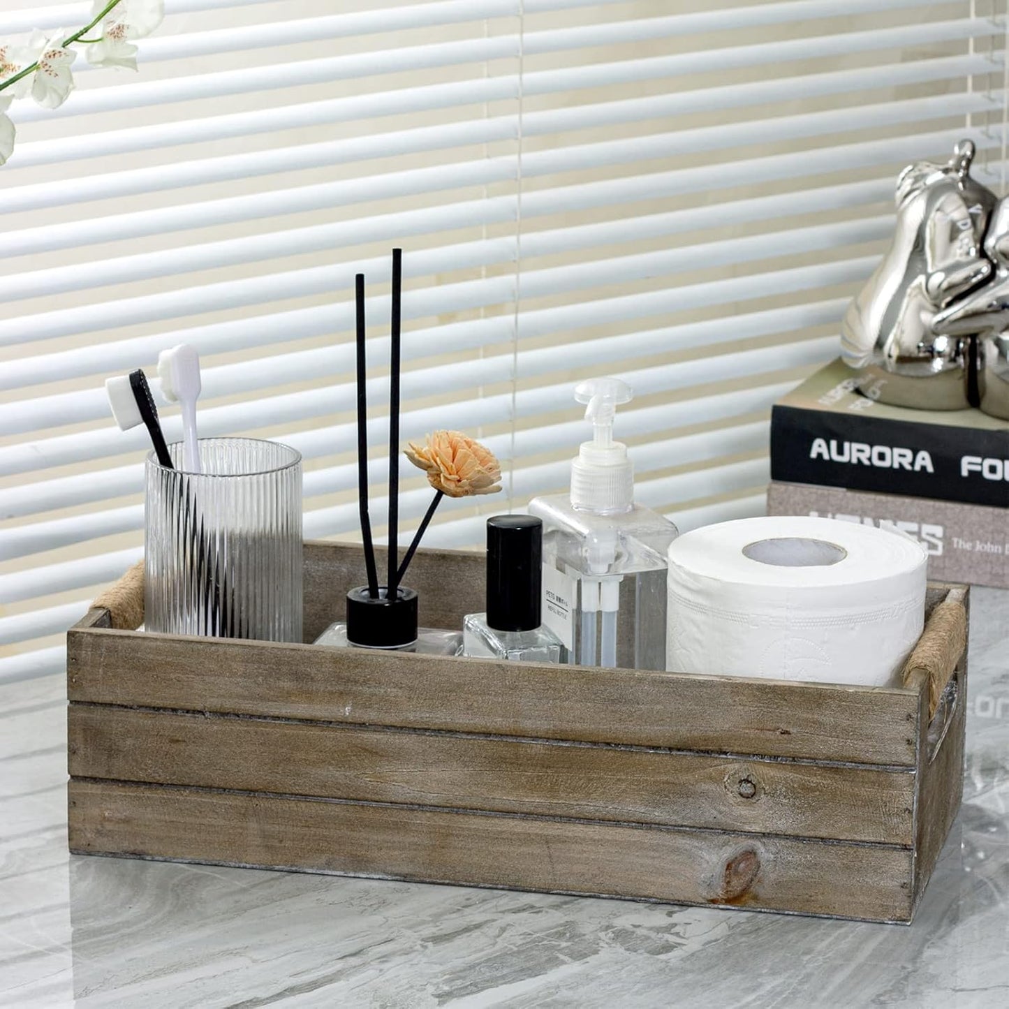 TIMRIS Rustic Wooden Toilet Paper Holder, Farmhouse Bathroom Decor, Toilet Tank Basket, Decorative Storage Container (Rustic Gray)