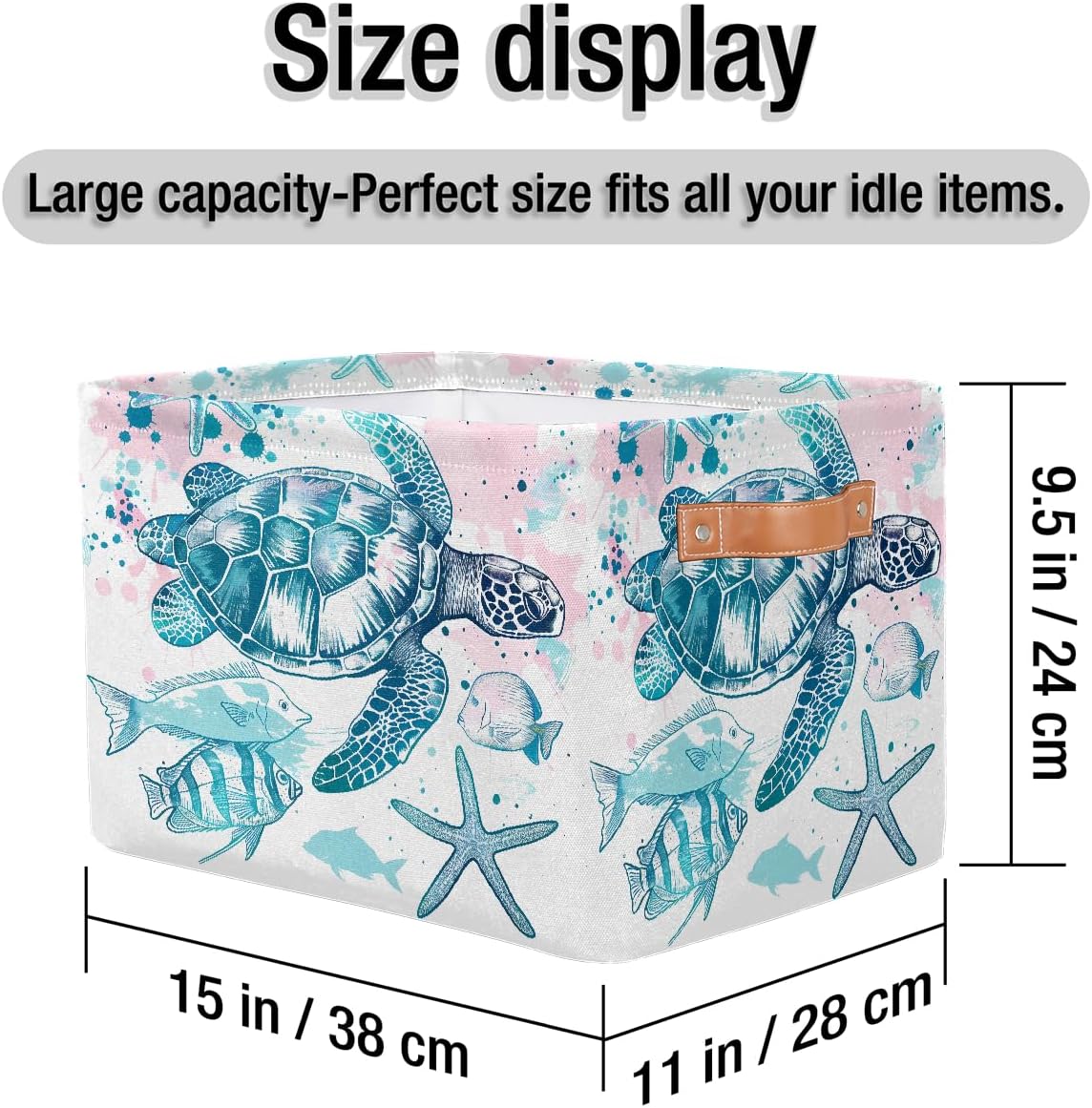 Sea Turtle Starfish Storage Basket for Shelves, Storage Bins with Handles, Collapsible Basket for Organizing, Closet Toy Baskets for Nursery Room, 15x11x9.5 in, Canvas, Ocean Tropical Fish