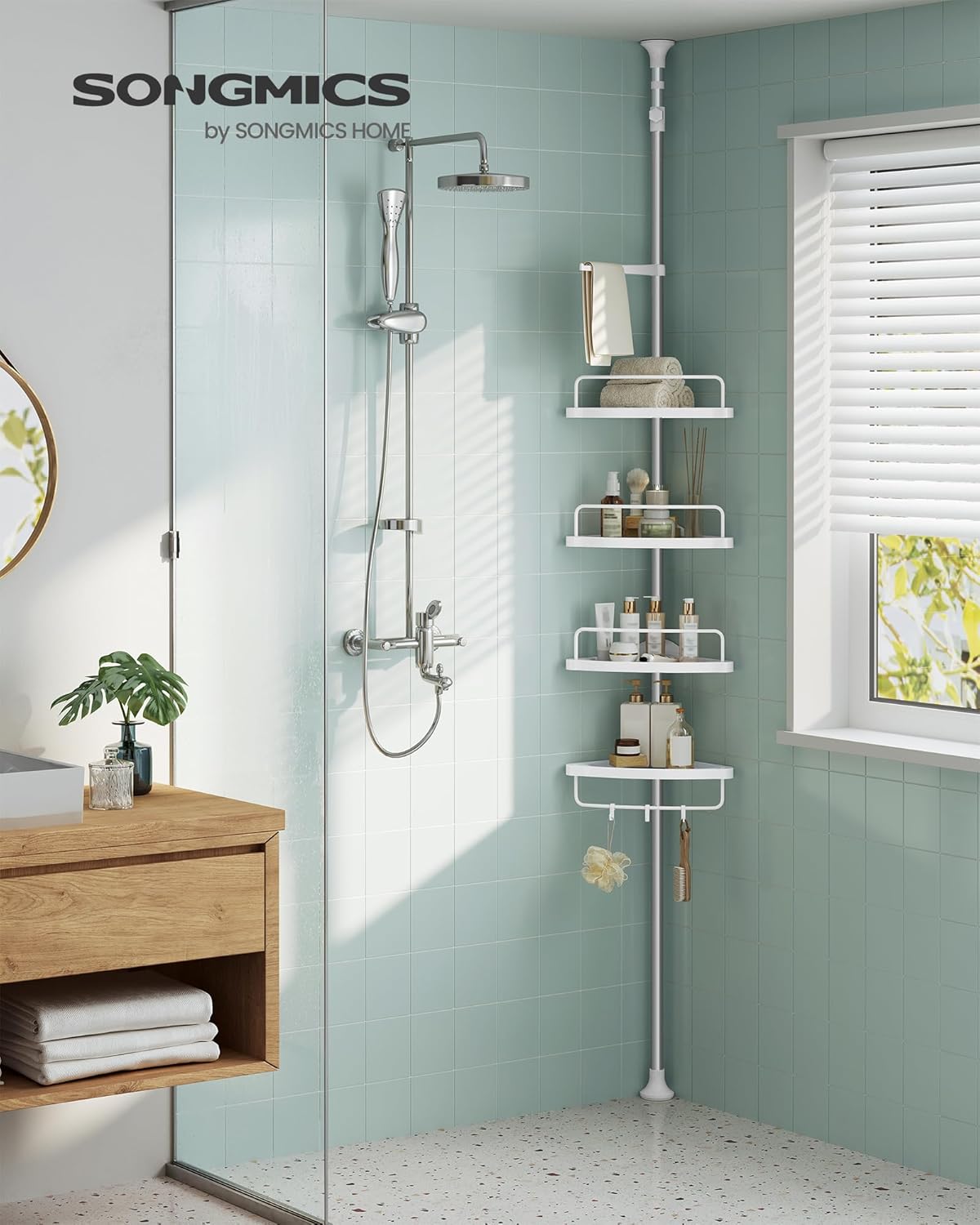 SONGMICS Corner Shower Caddy Tension Pole, 4-Tier Rust-Resistant Shower Organizer, Shower Shelf, Drill-Free, 35.8 to 118.1 Inches, Height Adjustable Trays, for Bathroom, Cloud White UBCB008W01
