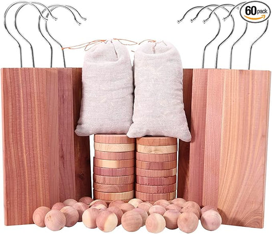 Cedar Blocks for Clothes Storage 60PCs, Red Cedar Hang Ups, Balls, Rings and Sachet Bags for Closets and Drawers
