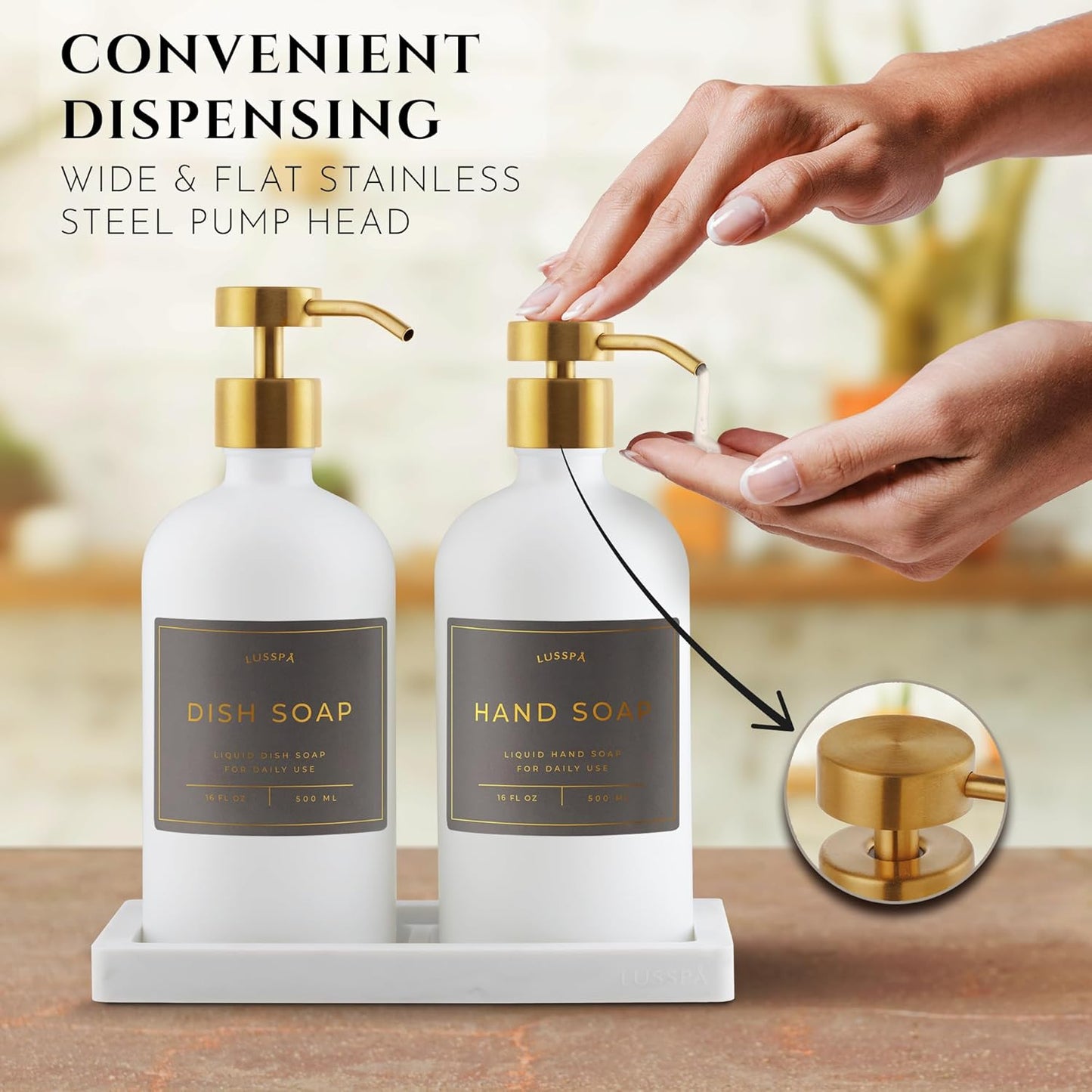 Lotion, Hand & Dish Soap Dispenser for Kitchen Sink - Bathroom Soap Dispenser Set of 2 16.8 Oz Glass Bottles with Stainless Steel Pump, 15 Water Proof Labels & Silicon Tray (White/Gold)