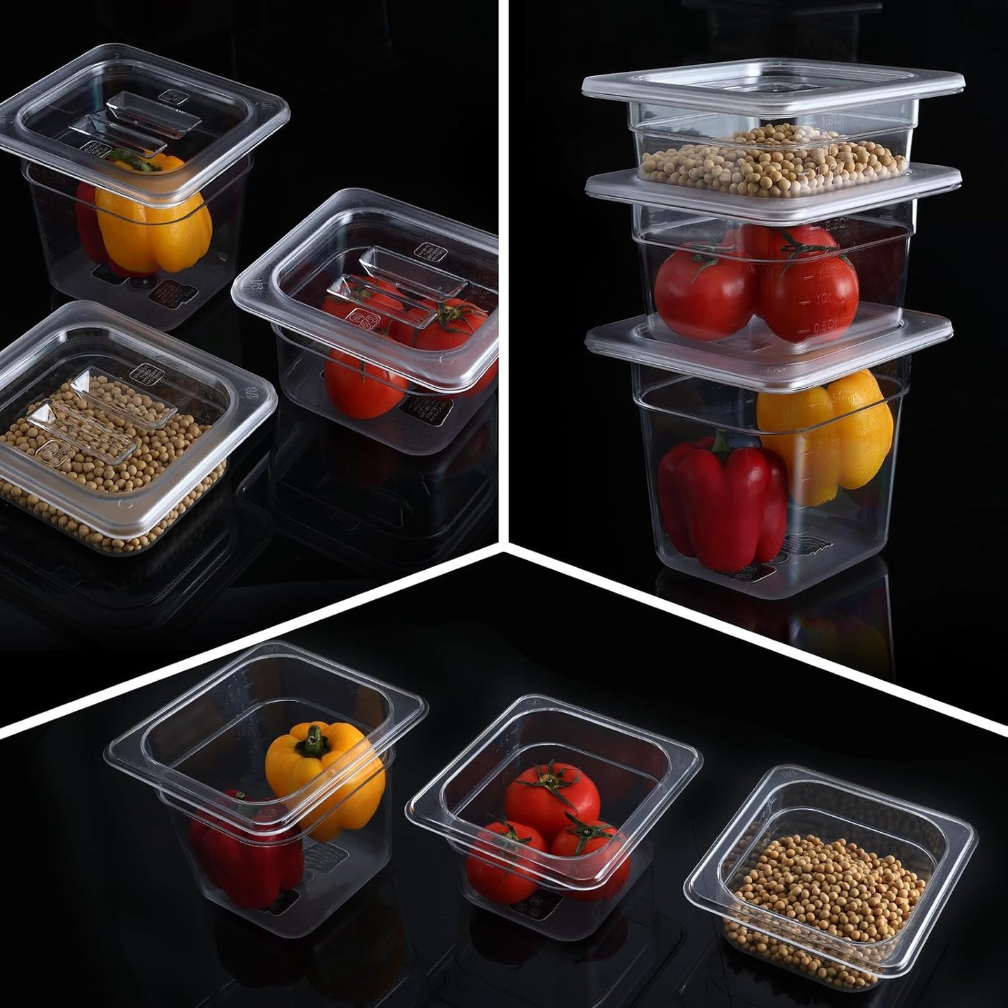 6 Pack 1/6 Size 6'' Deep Clear Food Pans with Lids, Commercial Food Pans Polycarbonate Transparent Food Storage Containers, Stackable Plastic Pan with Capacity Scale, Restaurant Supplies Hotel Pan