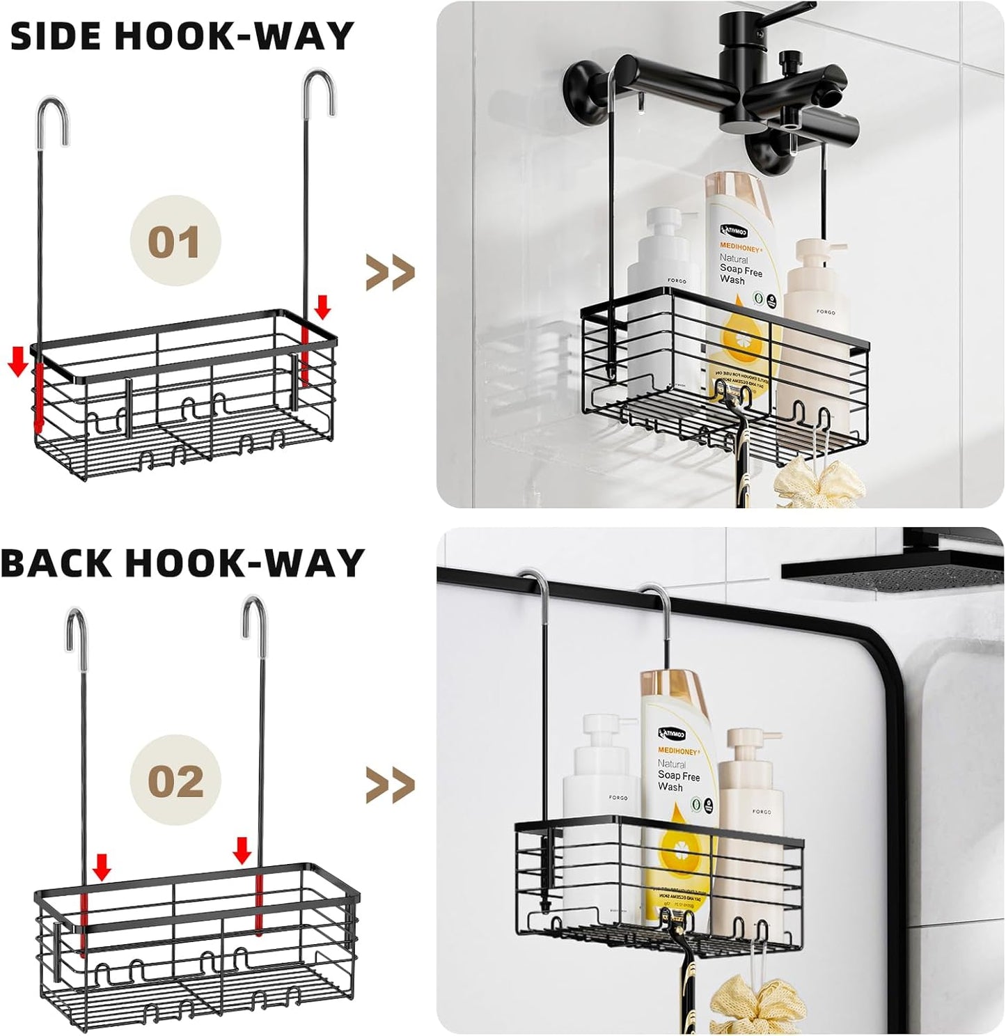 SHANSHUI Shower Hanging Caddy, Bathroom Shower Organizer Basket, Shampoo Bracket Over Door Rack with Hooks, 304 Stainless Steel