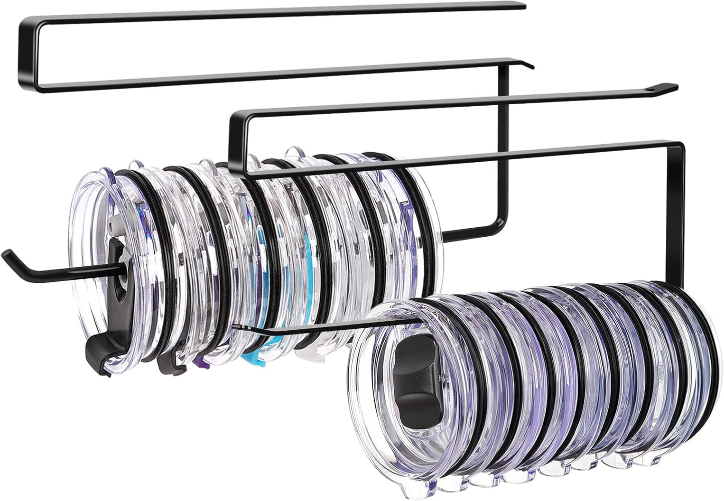 2 Pack Tumbler Lid Organizer, Horizontal Tumbler Lid Storage Hook Up to 20 Lids, Space Saving Cup Lid Holder Under Cabinet Tumbler Lid Hook for Kitchen Organizer, Paper Towel Hanger(Round&Flat, Black)
