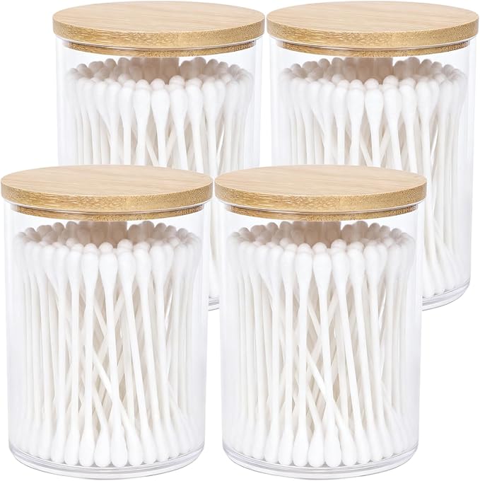 AXX Qtip Dispenser Apothecary Jars Bathroom - Qtip Holder Storage Canister Clear Plastic Jar for Cotton Swab,Q-Tips,Cotton Rounds (H#Bamboo 4Pcs)